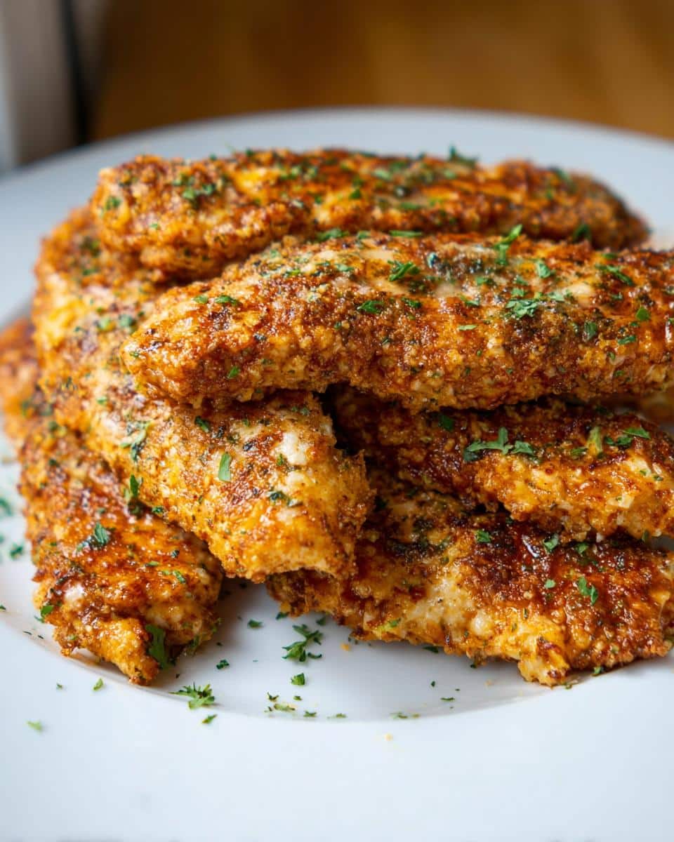 A close-up stack of golden brown Parmesan Crusted Chicken Tenders, garnished with chopped parsley.