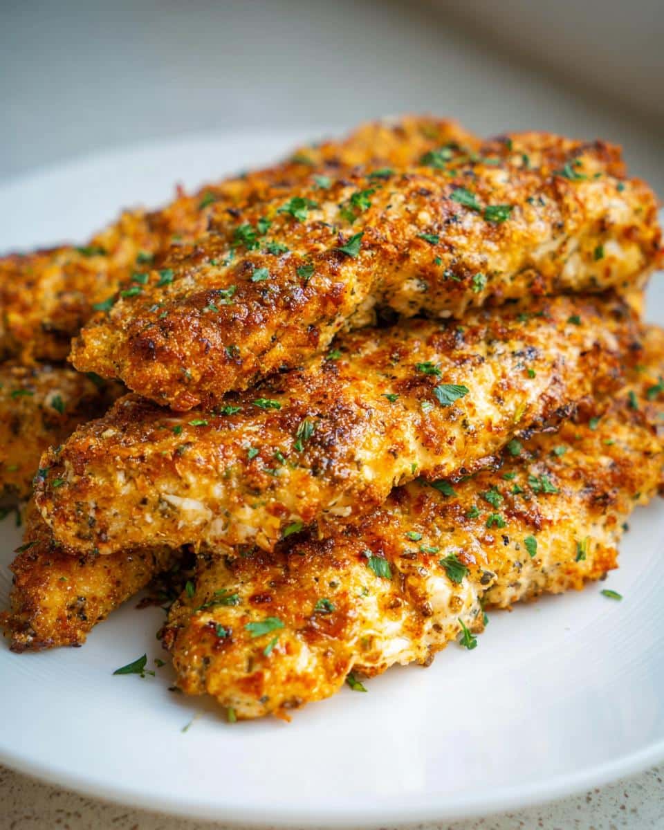 Close-up of golden brown Parmesan Crusted Chicken Tenders stacked high and sprinkled with fresh parsley.