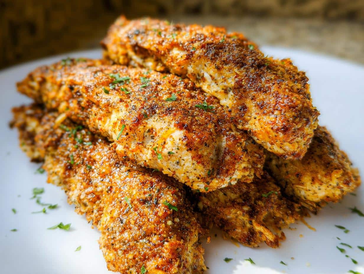 A close-up stack of golden brown Parmesan Crusted Chicken Tenders garnished with parsley.