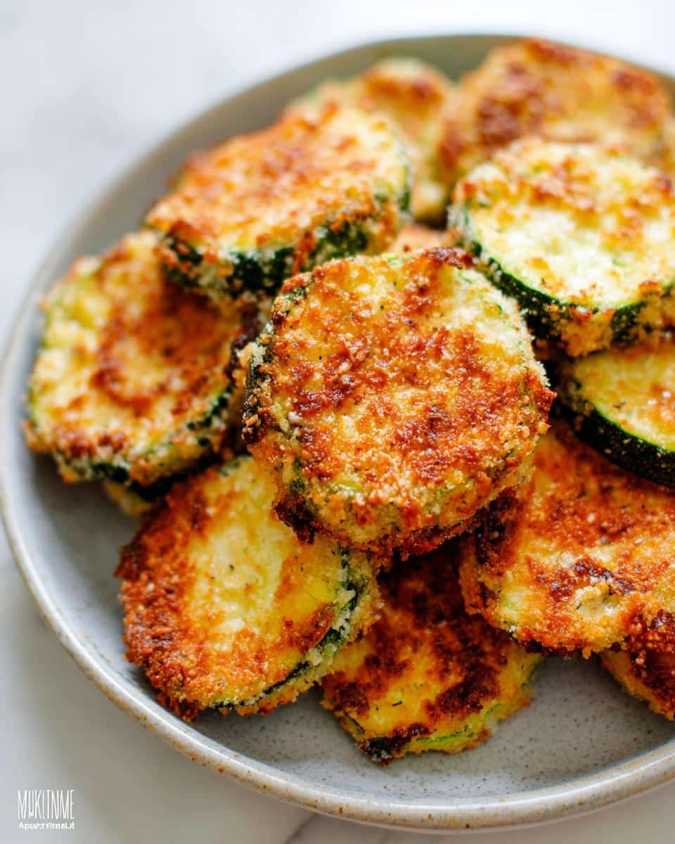 Close-up of golden brown Parmesan-Crusted Zucchini Bites stacked on a light gray plate.