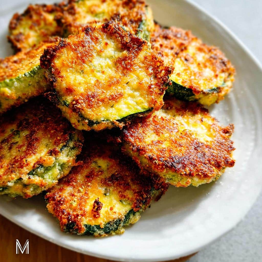 Close-up of several golden brown Parmesan-Crusted Zucchini Bites stacked on a white plate.