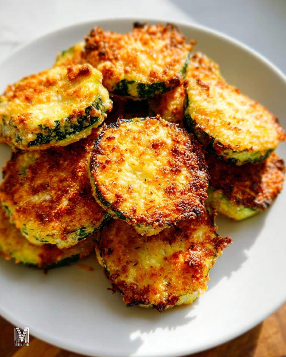 A pile of golden brown Parmesan-Crusted Zucchini Bites stacked on a white plate, showing crispy edges.