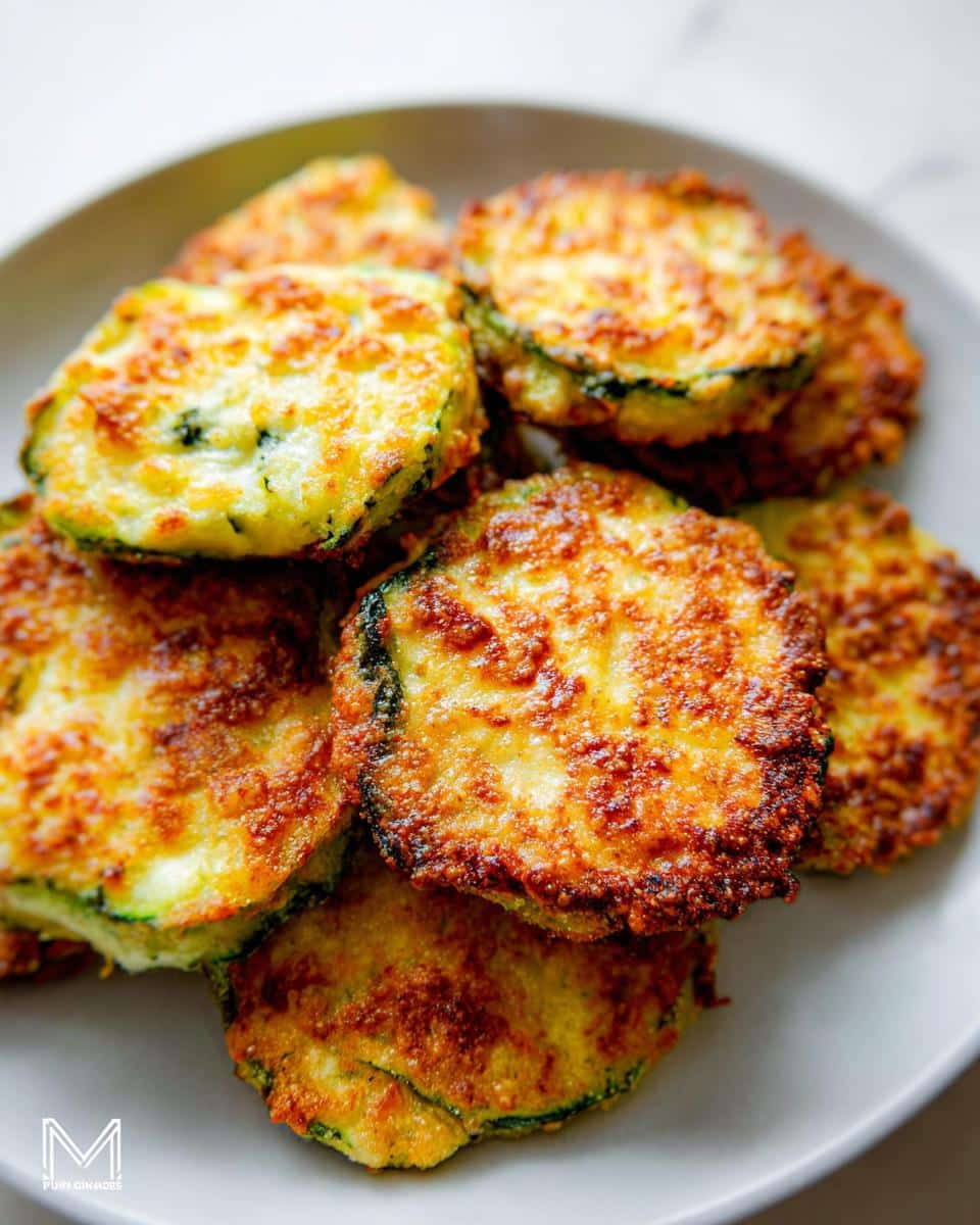 Close-up of golden brown Parmesan-Crusted Zucchini Bites stacked on a white plate.