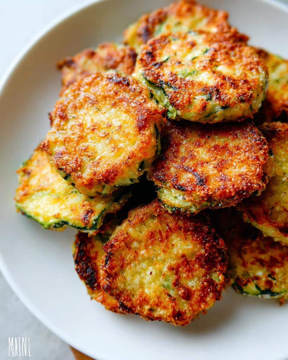 Close-up of golden brown Parmesan-Crusted Zucchini Bites stacked high on a white plate.