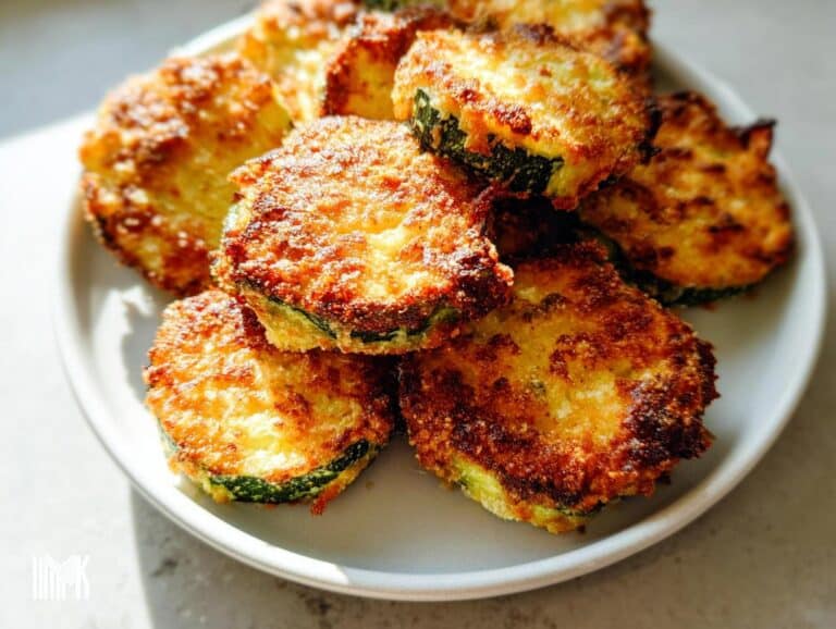 A pile of golden brown, crispy Parmesan-Crusted Zucchini Bites stacked on a white plate.