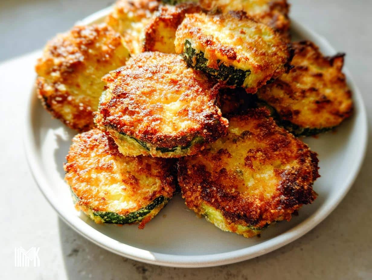 A pile of golden brown, crispy Parmesan-Crusted Zucchini Bites stacked on a white plate.