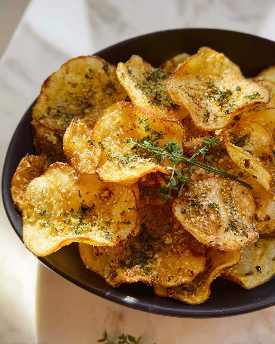 A close-up of crispy, golden Parmesan Herb Potato Chips seasoned with herbs and cheese in a dark bowl.