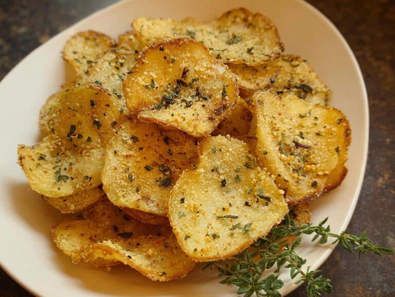 A pile of golden, crispy Parmesan Herb Potato Chips seasoned with herbs, served on a light plate with a sprig of fresh thyme.
