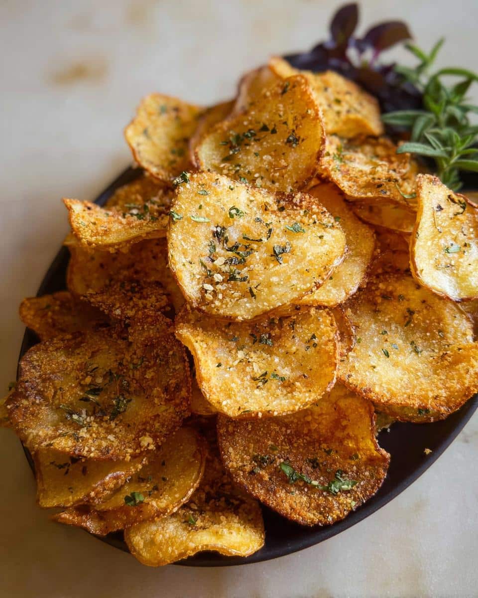 A close-up of a pile of golden, crispy Parmesan Herb Potato Chips seasoned with herbs.