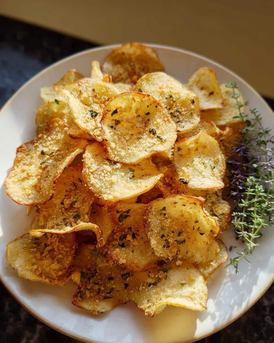 A pile of crispy, golden Parmesan Herb Potato Chips sprinkled with herbs on a white plate, garnished with fresh thyme.