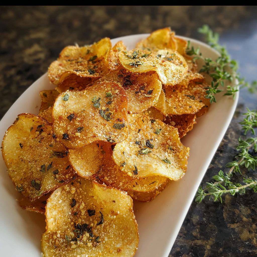 A pile of golden, crispy Parmesan Herb Potato Chips seasoned with herbs, served on a white rectangular dish.