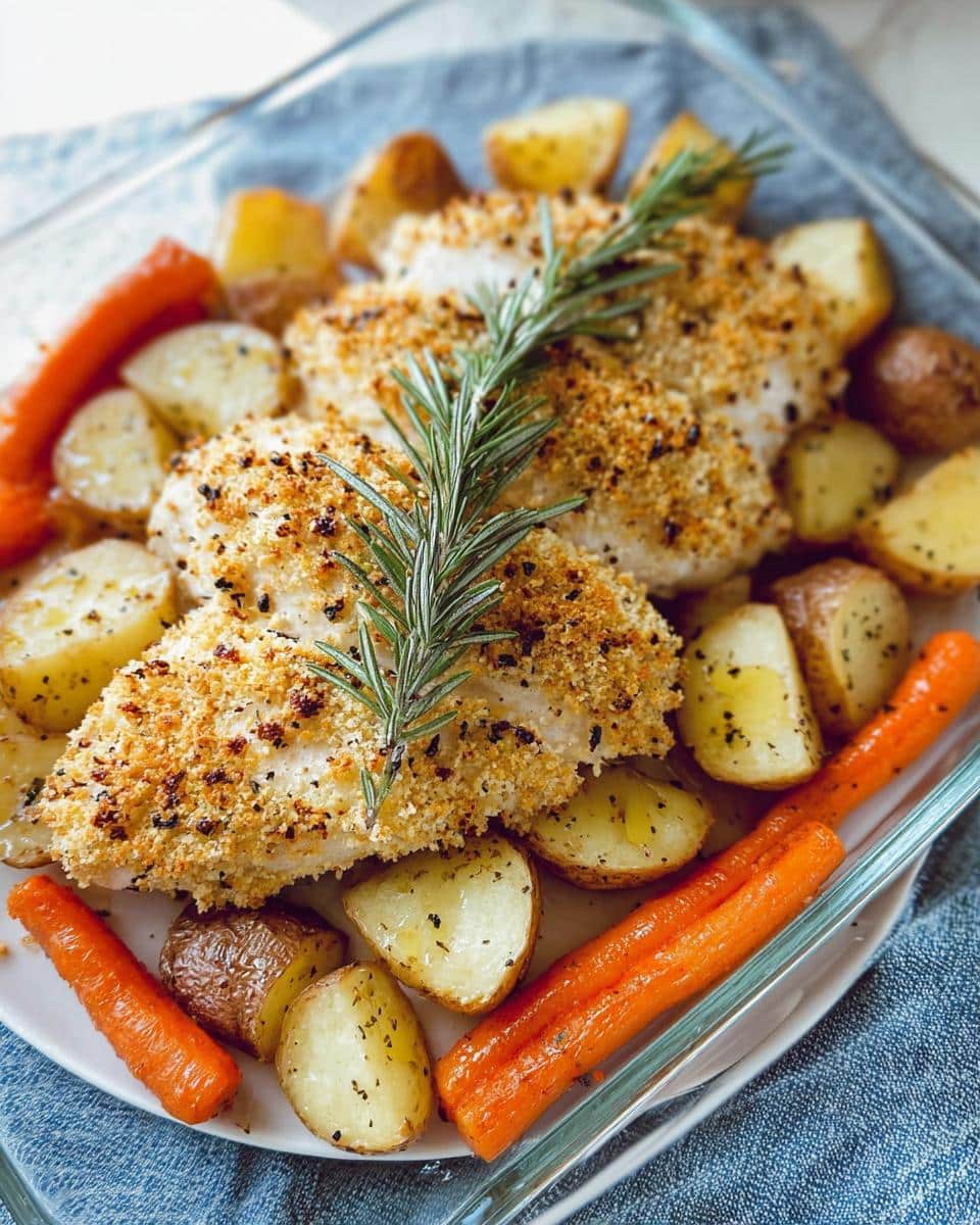 Two baked Parmesan Rosemary Chicken Breasts served with roasted potatoes and carrots, garnished with fresh rosemary.