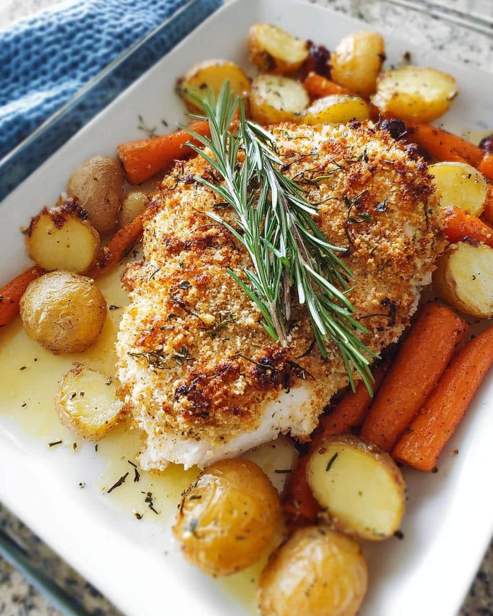 A baked Parmesan Rosemary Chicken Breast served with roasted baby potatoes and carrots, garnished with fresh rosemary.