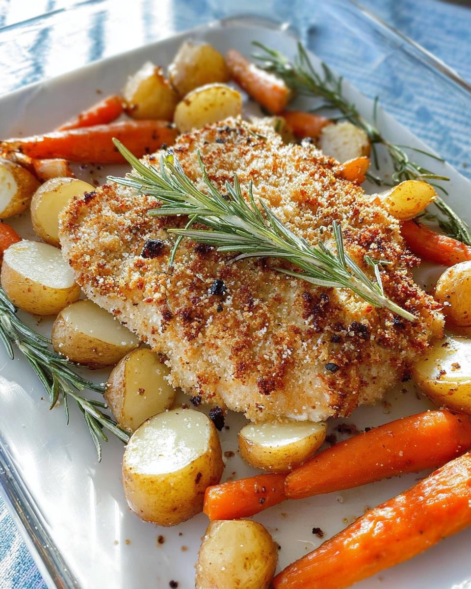 A baked Parmesan Rosemary Chicken Breast topped with a fresh rosemary sprig, served with roasted baby potatoes and carrots.