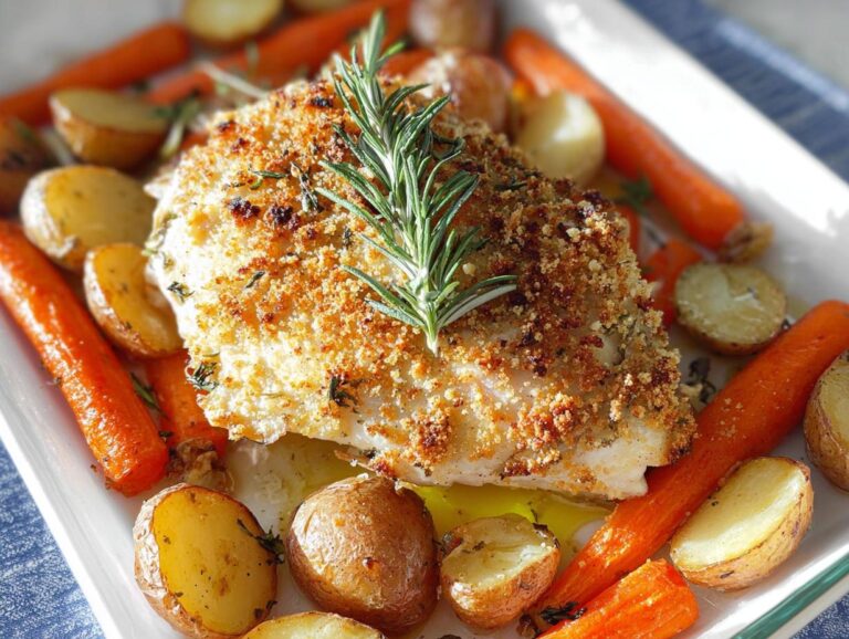 Close-up of baked Parmesan Rosemary Chicken Breasts topped with a sprig of rosemary, served with roasted carrots and potatoes.