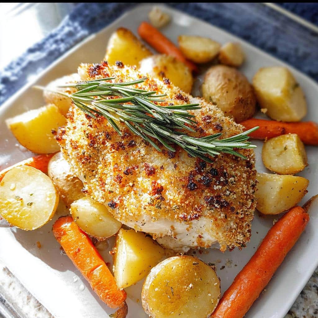A baked Parmesan Rosemary Chicken Breast topped with fresh rosemary, served with roasted potatoes and carrots.