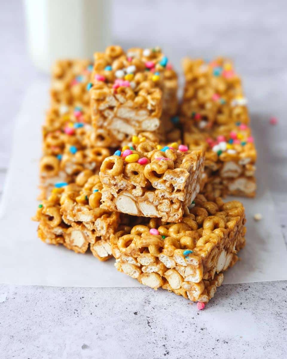 Stack of delicious Peanut Butter Banana Cheerio Bars topped with colorful sprinkles.