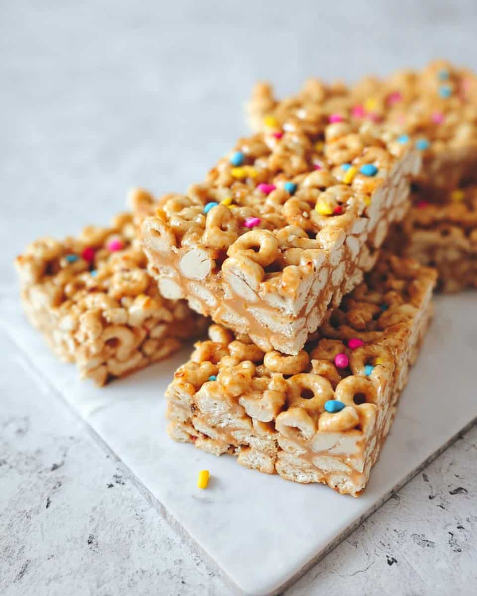 Close-up of stacked Peanut Butter Banana Cheerio Bars topped with colorful sprinkles on a white marble surface.