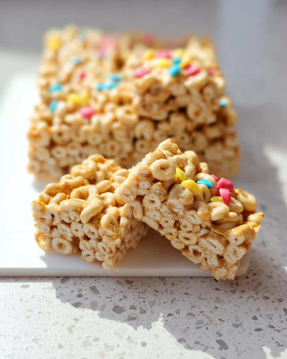 Two cut pieces of Peanut Butter Banana Cheerio Bars leaning against a larger uncut slab, topped with colorful sprinkles.