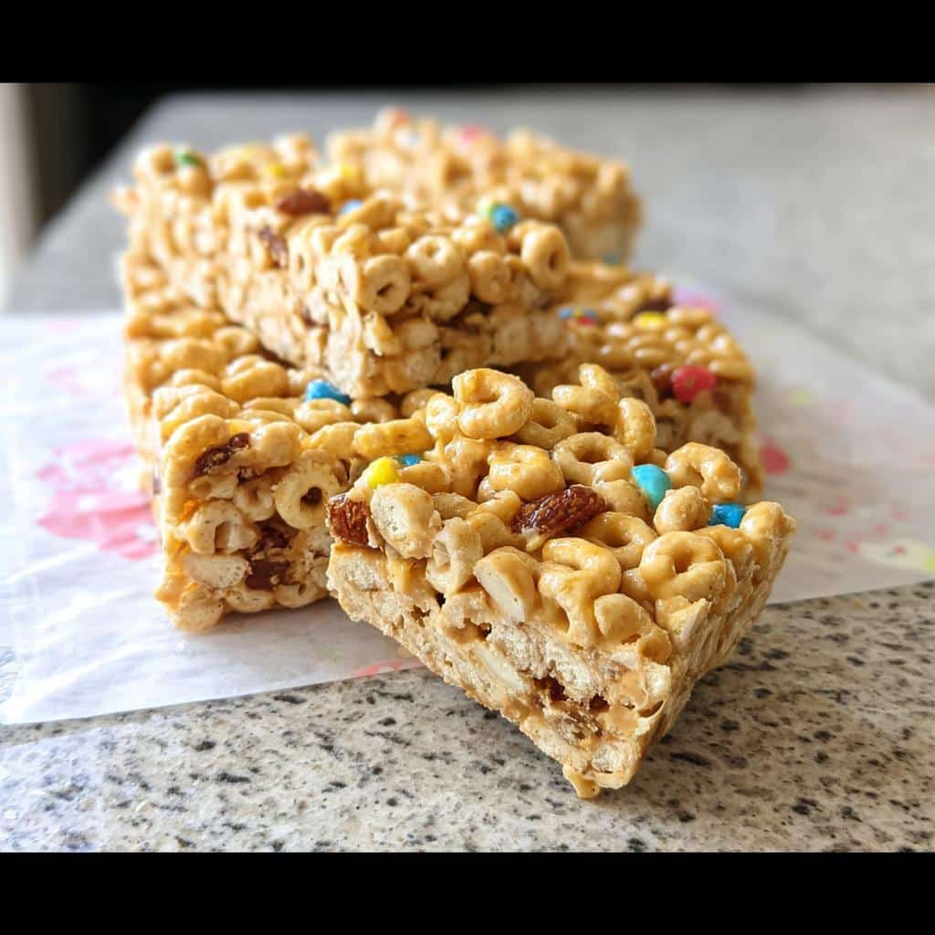 Close-up of several stacked Peanut Butter Banana Cheerio Bars showing texture and colorful candy pieces.