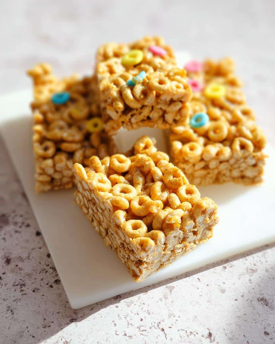 Four stacked Peanut Butter Banana Cheerio Bars, showing texture and colorful cereal pieces.