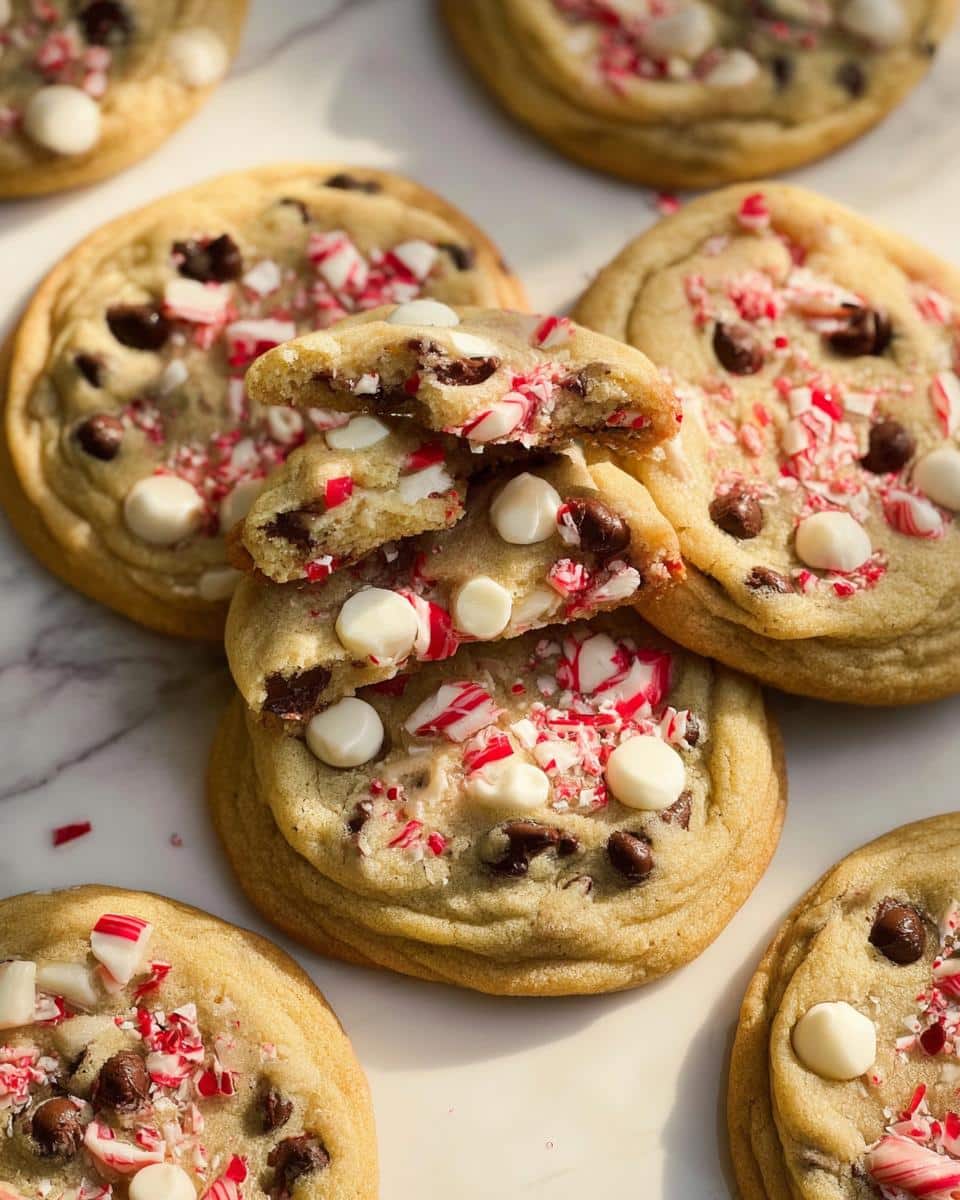 A stack of peppermint chocolate chip cookies, one broken in half to show the inside.