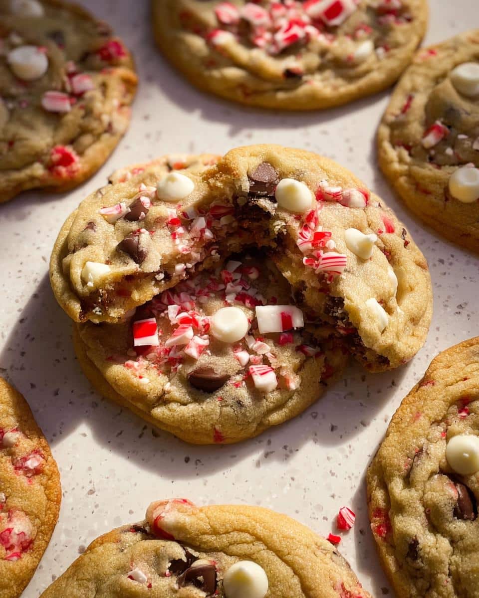 Close-up of a broken Peppermint Chocolate Chip Cookie with chocolate and white chips, and crushed peppermint candies.