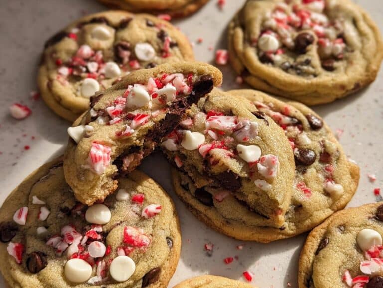 Freshly baked Peppermint Chocolate Chip Cookies with crushed candy canes and white chocolate chips.