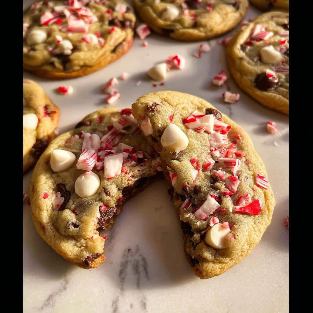 A broken Peppermint Chocolate Chip Cookie showing the inside, with white chocolate chips and peppermint candy pieces.