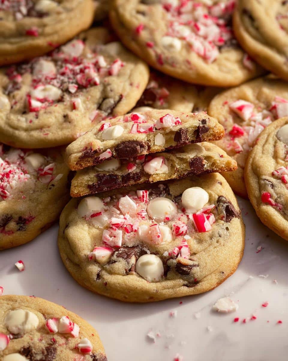 A stack of Peppermint Chocolate Chip Cookies, one broken in half to show the chocolate chips inside.