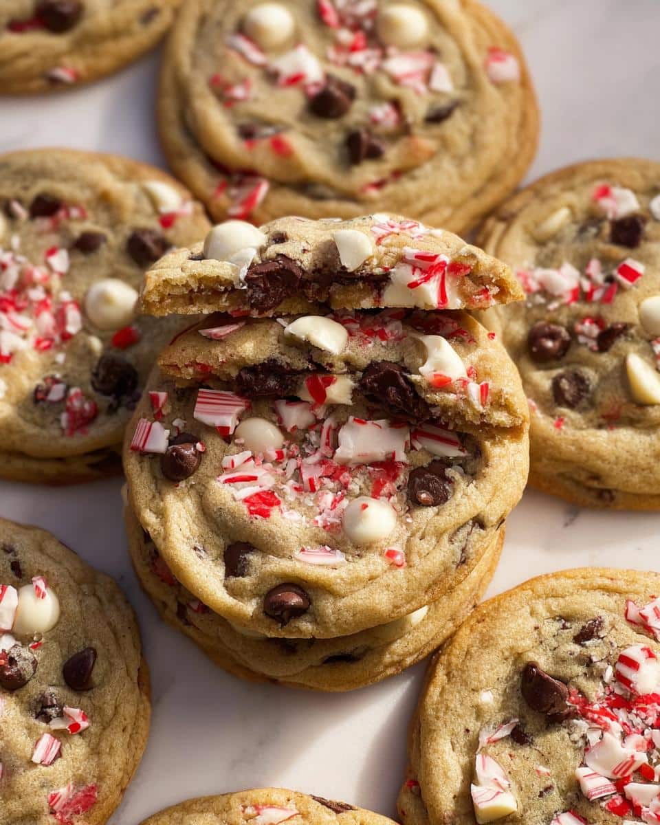 Stack of Peppermint Chocolate Chip Cookies with a cookie broken in half showing the chocolate chips.