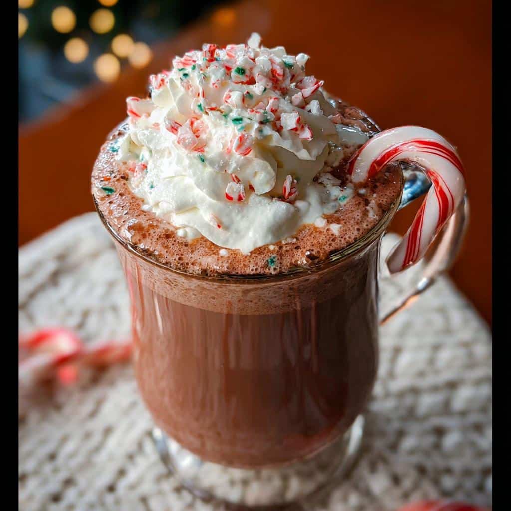 A glass mug filled with Peppermint Hot Chocolate with Whipped Cream, topped with crushed candy canes and a candy cane hook.