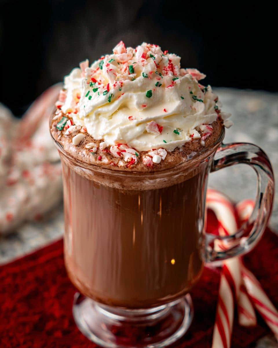 A glass mug filled with Peppermint Hot Chocolate with Whipped Cream and crushed candy canes.