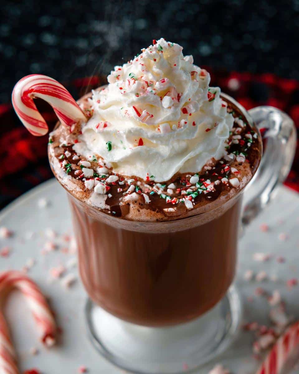 Steaming Peppermint Hot Chocolate with Whipped Cream, candy cane, and peppermint sprinkles in a clear glass mug.