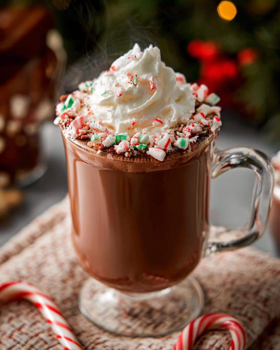 Steaming Peppermint Hot Chocolate with Whipped Cream, topped with crushed candy canes in a glass mug.