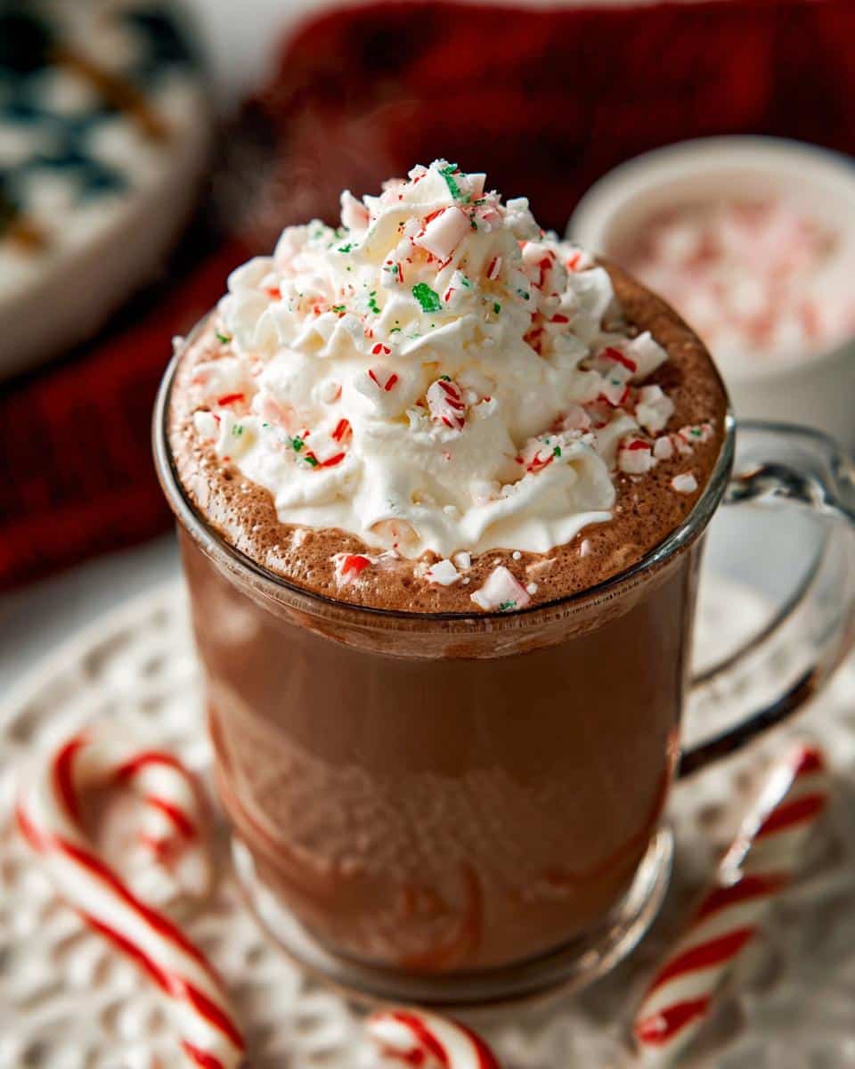 A mug of Peppermint Hot Chocolate with Whipped Cream and crushed candy canes, with candy canes on the side.