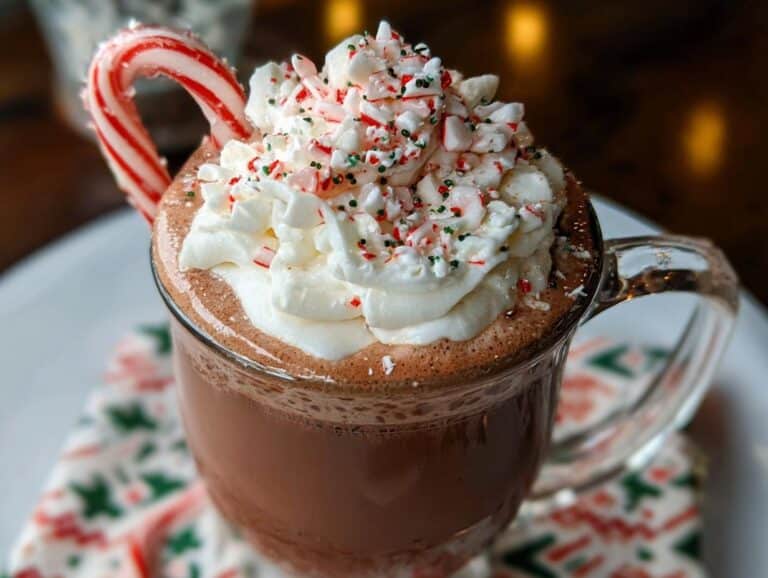 A mug of Peppermint Hot Chocolate with Whipped Cream, candy cane, and peppermint sprinkles.