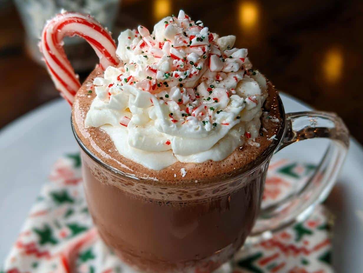 A mug of Peppermint Hot Chocolate with Whipped Cream, candy cane, and peppermint sprinkles.