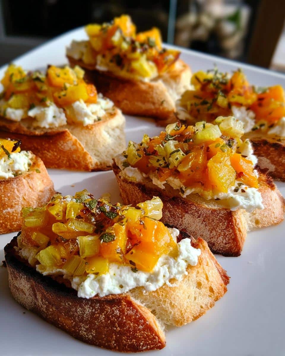 Close-up of several Pumpkin Goat Cheese Crostini appetizers topped with orange pumpkin relish and herbs on a white serving platter.