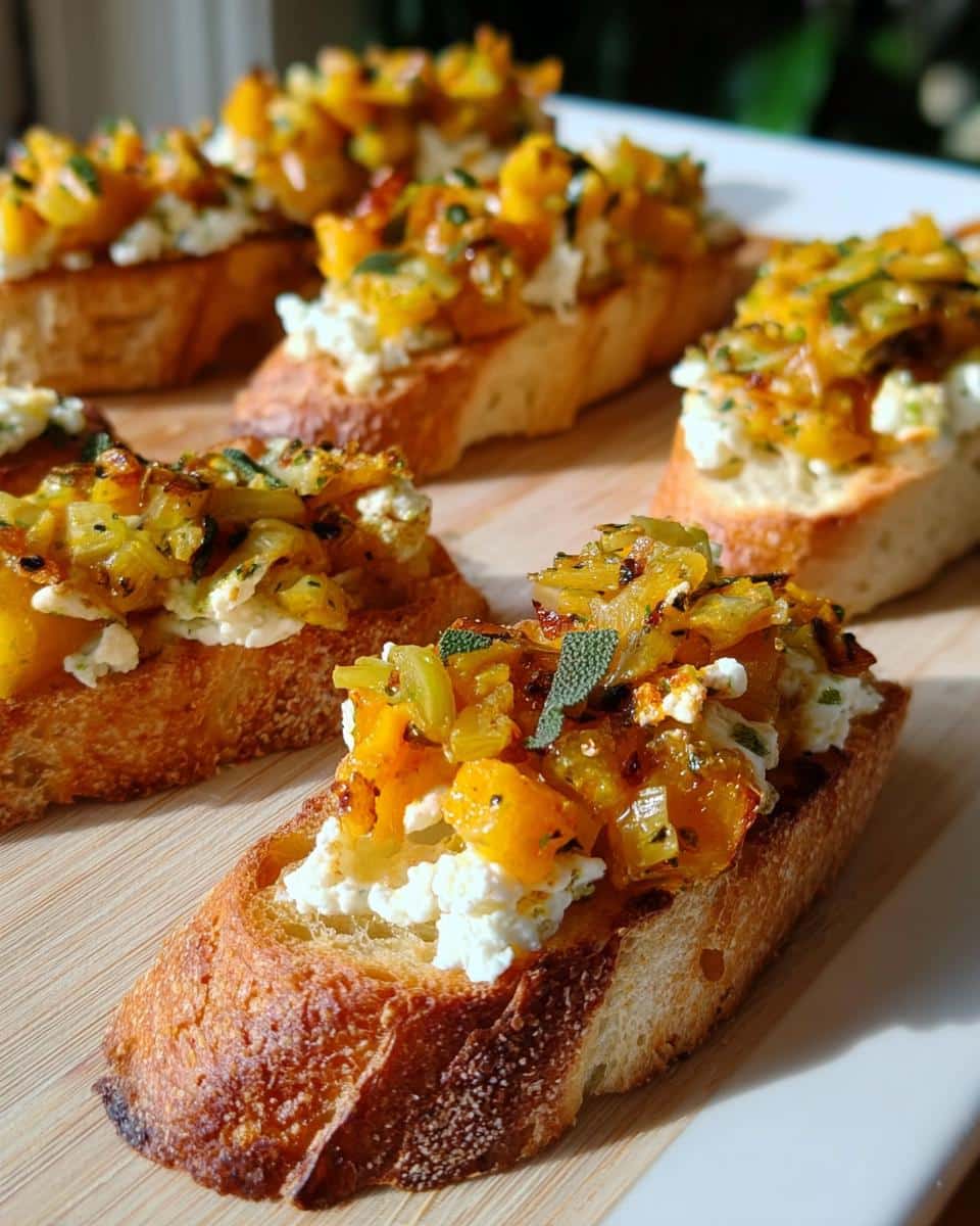 Several slices of Pumpkin Goat Cheese Crostini topped with creamy cheese and roasted pumpkin mixture on a wooden board.