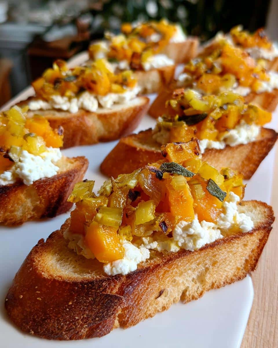 Close-up of several slices of Pumpkin Goat Cheese Crostini topped with roasted pumpkin and herbs on a white platter.