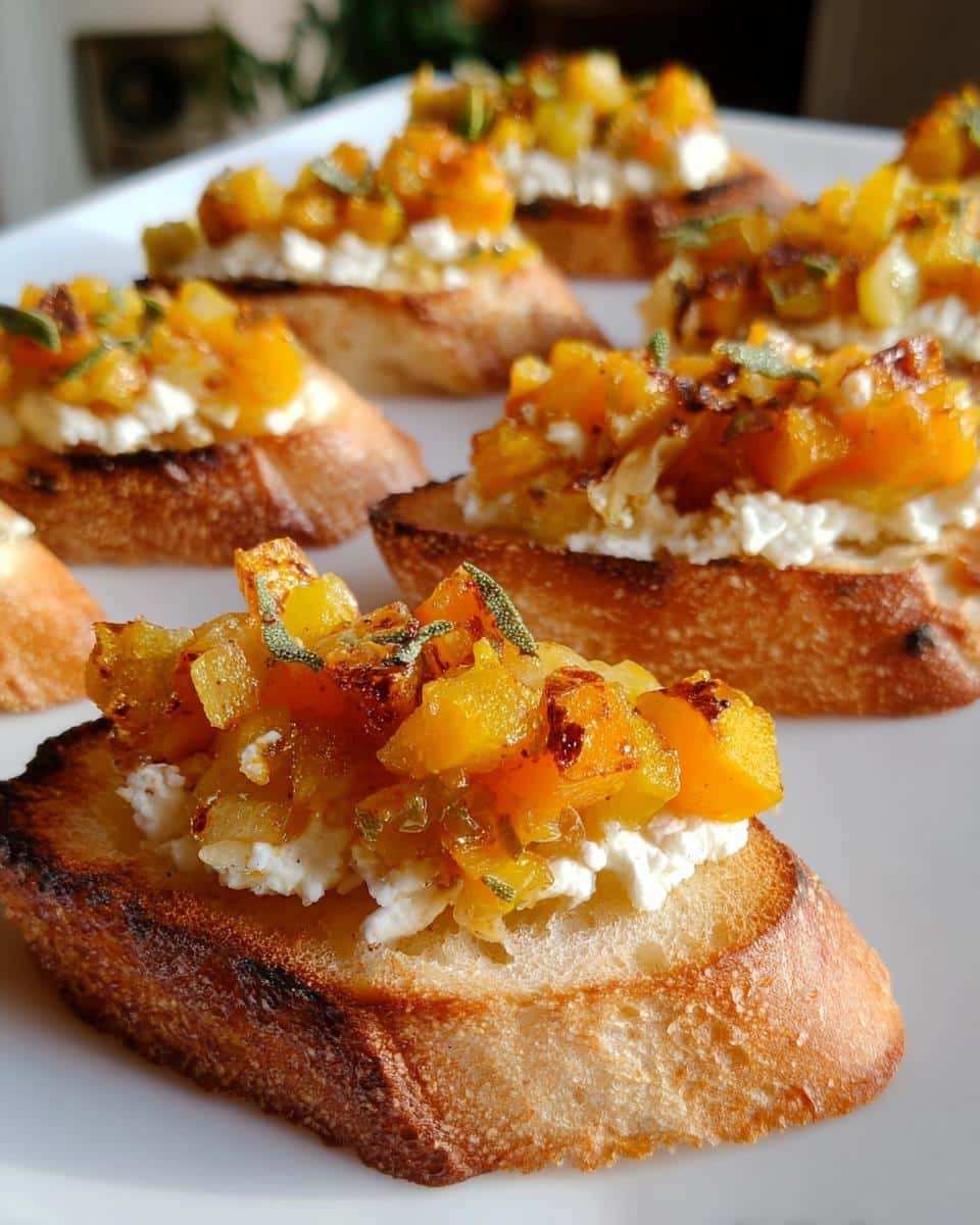 Close-up of a toasted baguette slice topped with creamy goat cheese and caramelized pumpkin mixture for Pumpkin Goat Cheese Crostini.