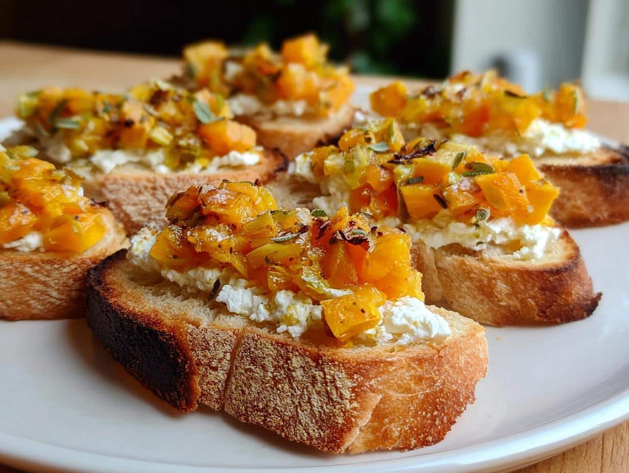 Close-up of several Pumpkin Goat Cheese Crostini appetizers featuring toasted bread, creamy goat cheese, and orange pumpkin topping.