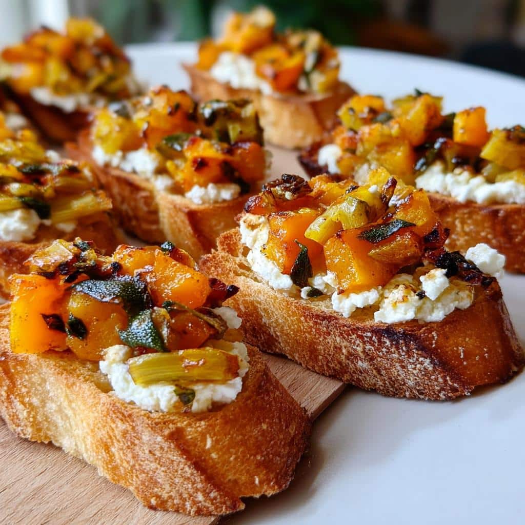 Close-up of several Pumpkin Goat Cheese Crostini appetizers featuring toasted bread, creamy goat cheese, and roasted orange pumpkin.