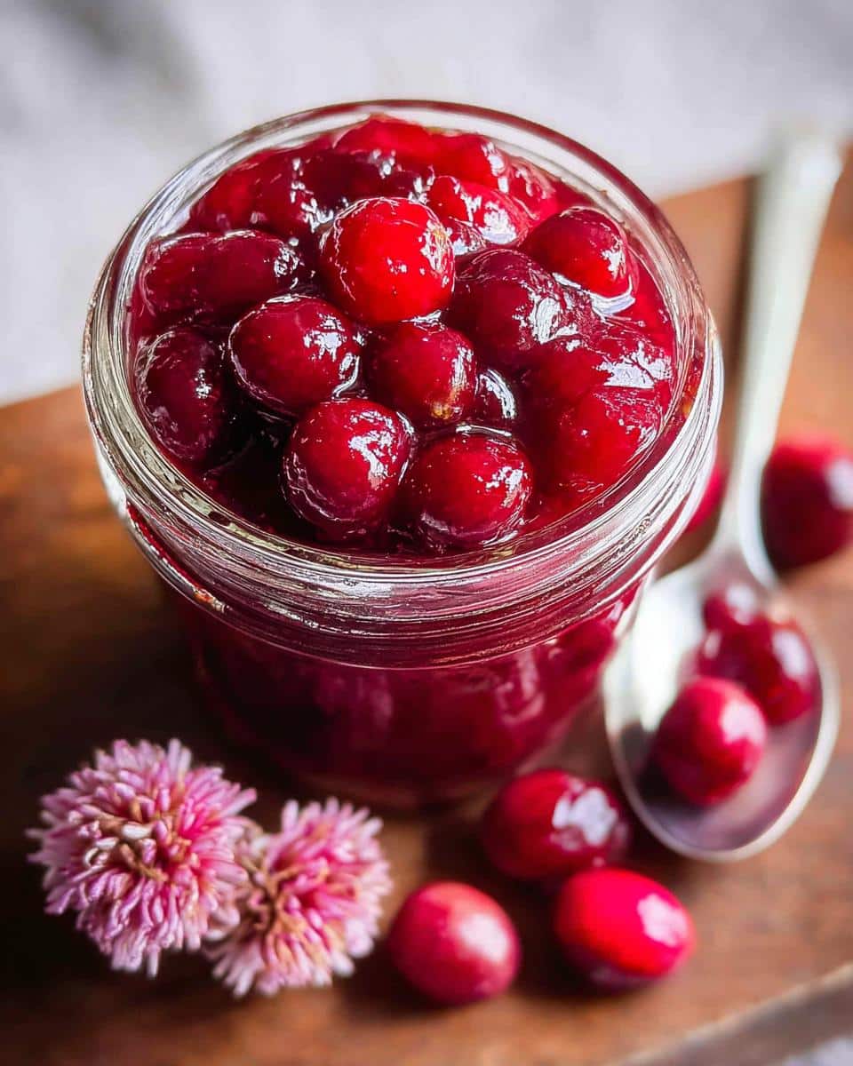 Close-up of a glass jar filled with shiny Quick Pickled Cranberries, next to a spoon and pink flowers.