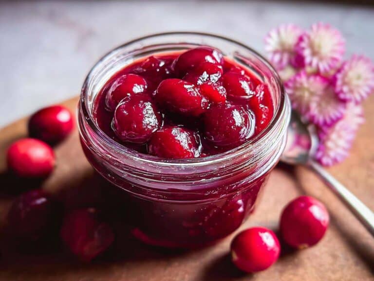 Close-up of a glass jar filled with glistening Quick Pickled Cranberries in a rich red syrup.