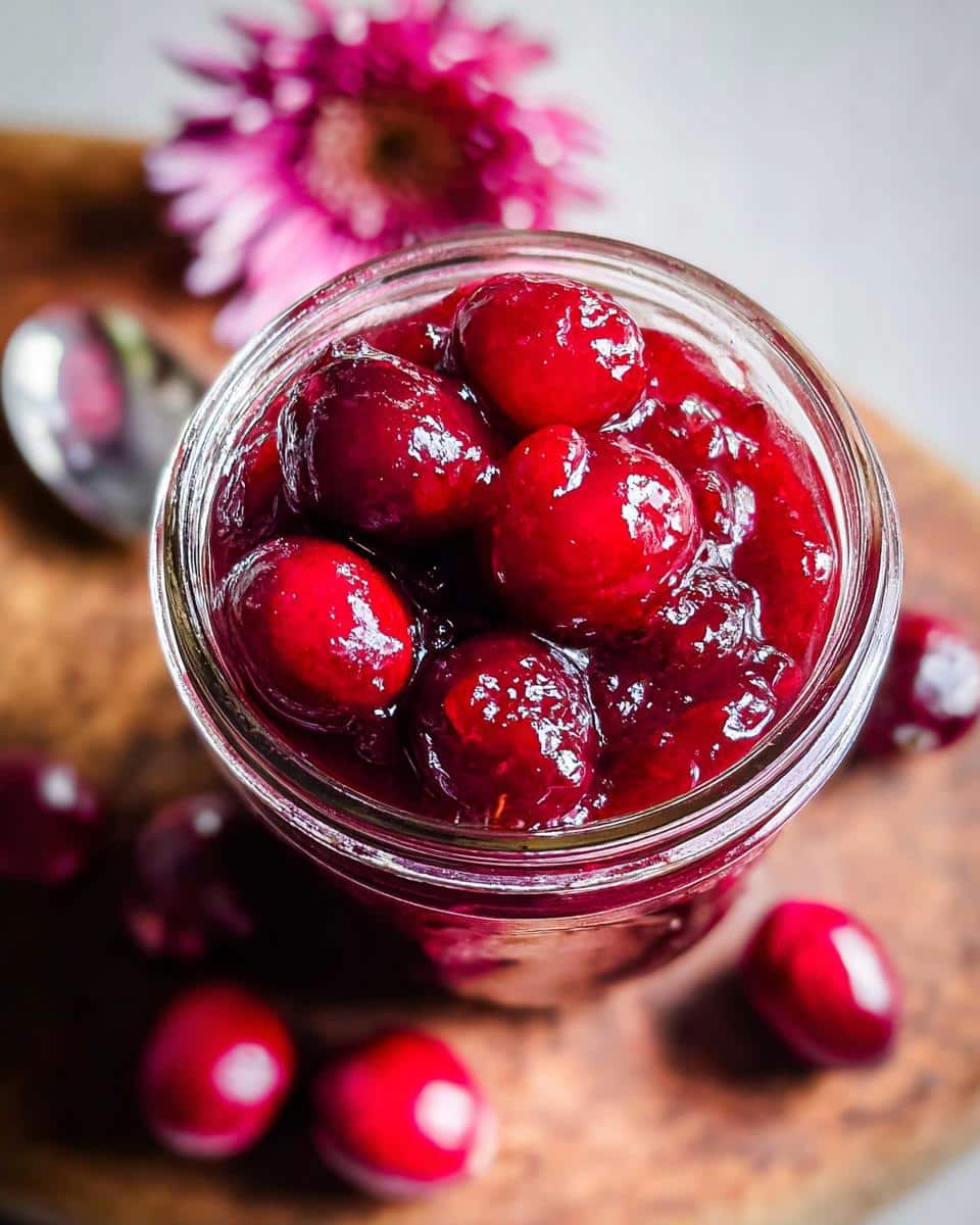 Overhead view of a glass jar filled with vibrant Quick Pickled Cranberries in a rich red sauce.