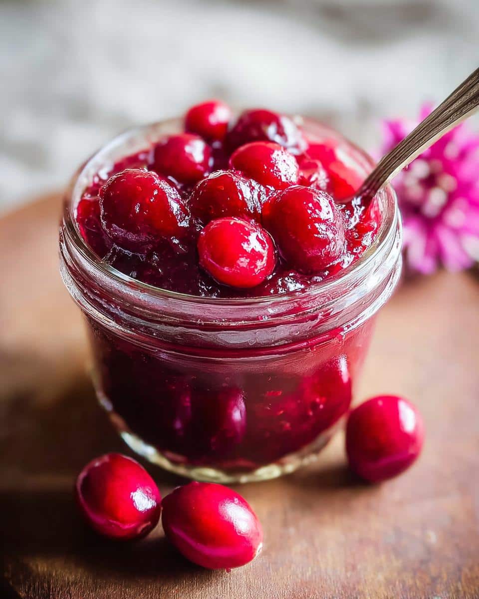 Close-up of a small glass jar filled with vibrant Quick Pickled Cranberries, with a spoon resting inside and fresh cranberries scattered nearby.