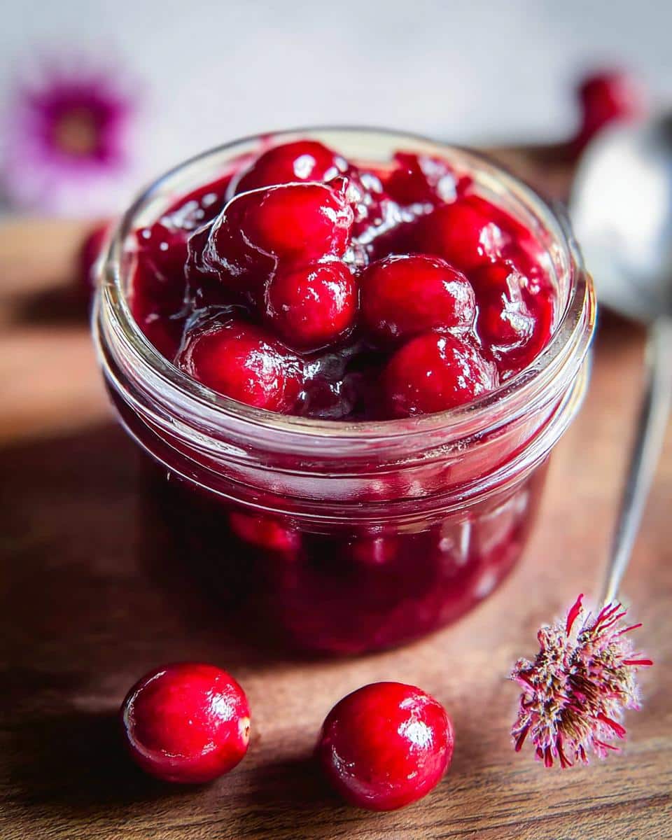 Close-up of Quick Pickled Cranberries preserved in a glass jar, with two fresh cranberries nearby.