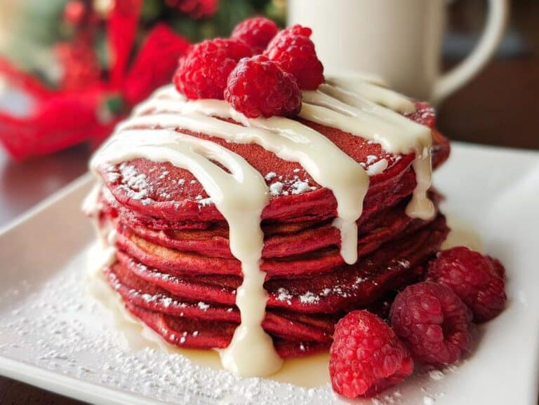 A stack of Red Velvet Christmas Pancakes topped with white icing, raspberries, and powdered sugar.